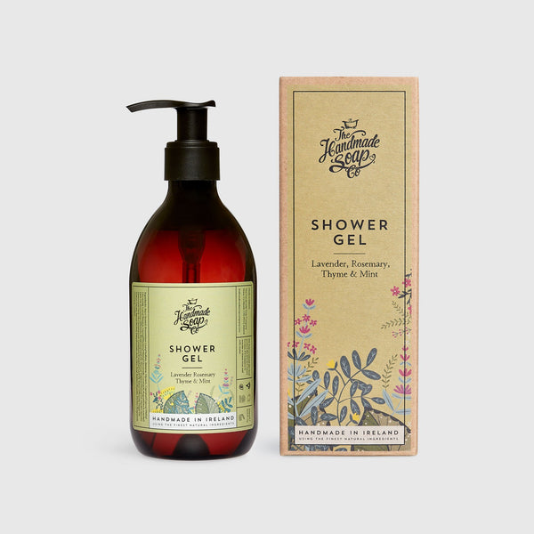  Handmade, Natural, Vegan and Cruelty Free Shower Gel. Scented with essential oils from Lavender, Rosemary, Thyme & Mint. Bottled in 100% recycled materials & presented in a Gift Box.