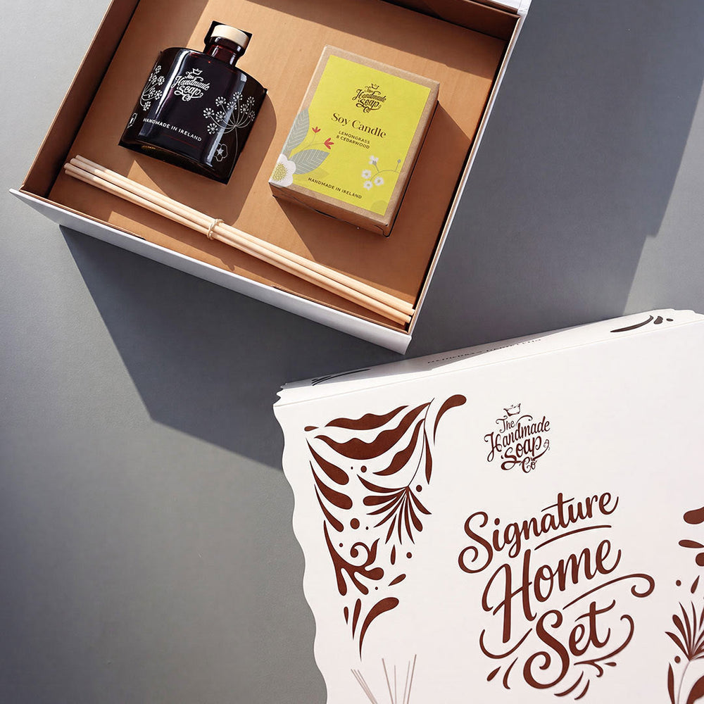 Signature Home Set with Lemongrass & Cedarwood Candle and Diffuser, presented in a Christmas gift box by The Handmade Soap Company.