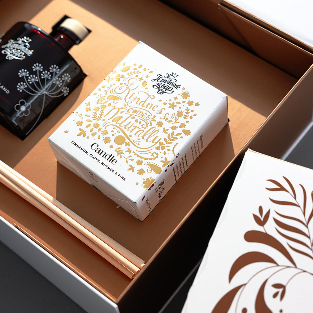 Winter Warmth Set with Cinnamon, Clove, Nutmeg & Pine Candle and Diffuser, presented in a Christmas gift box by The Handmade Soap Company.