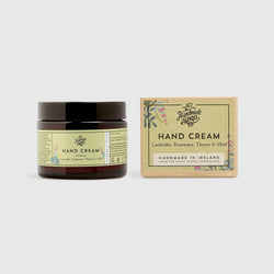 Handmade, Natural, Vegan and Cruelty Free Hand Cream. Scented with essential oils from Lavender, Rosemary, Thyme & Mint. Presented in a glass jar and Gift Box.
