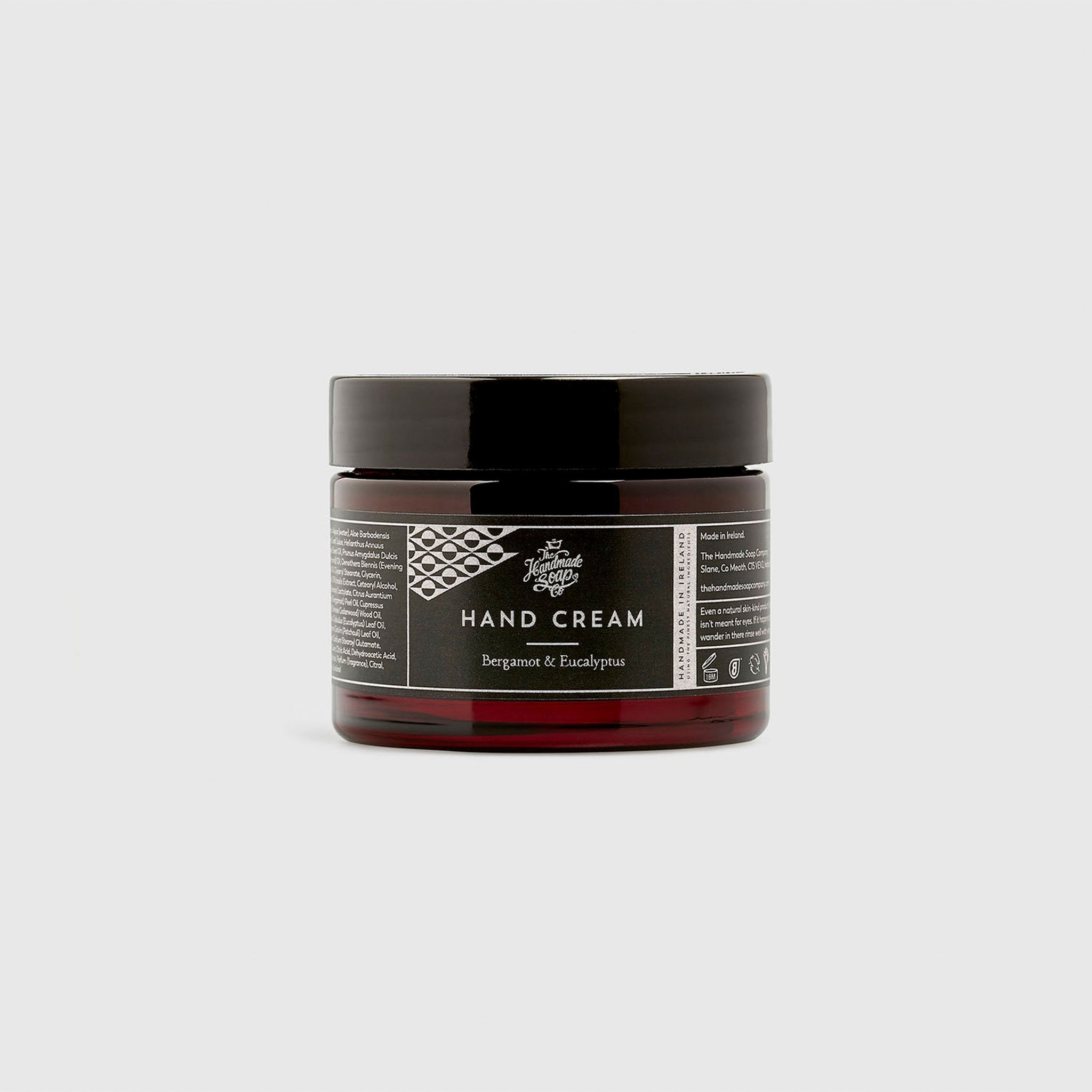 Handmade, Natural, Vegan and Cruelty Free Hand Cream. Scented with essential oils from Bergamot and Eucalyptus. Presented in a glass jar and Gift Box.