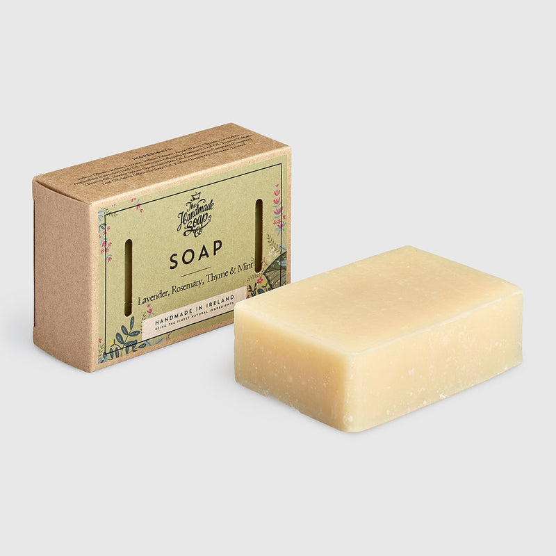 Handmade, Natural, Vegan and Cruelty Free Soap Bar. Scented with essential oils from Lavender, Rosemary, Thyme & Mint. Presented in a recycled Gift Box.