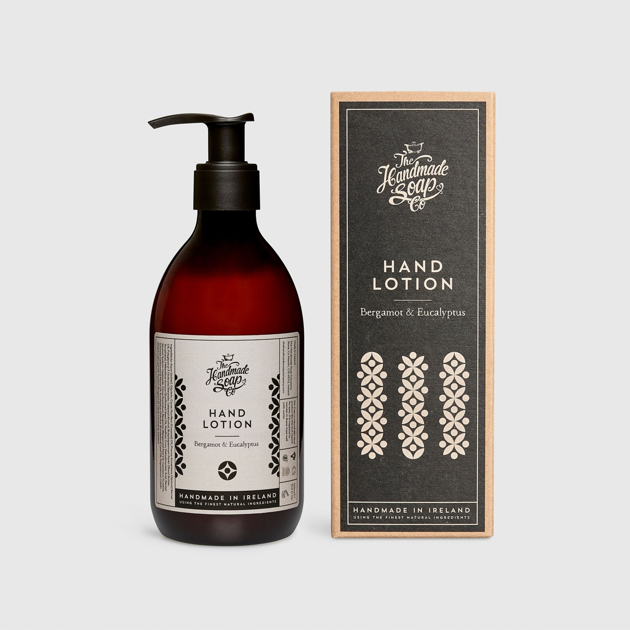 Handmade, Natural, Vegan and Cruelty Free Hand Lotion. Scented with essential oils from Bergamot and Eucalyptus. Bottled in 100% recycled materials & presented in a Gift Box.