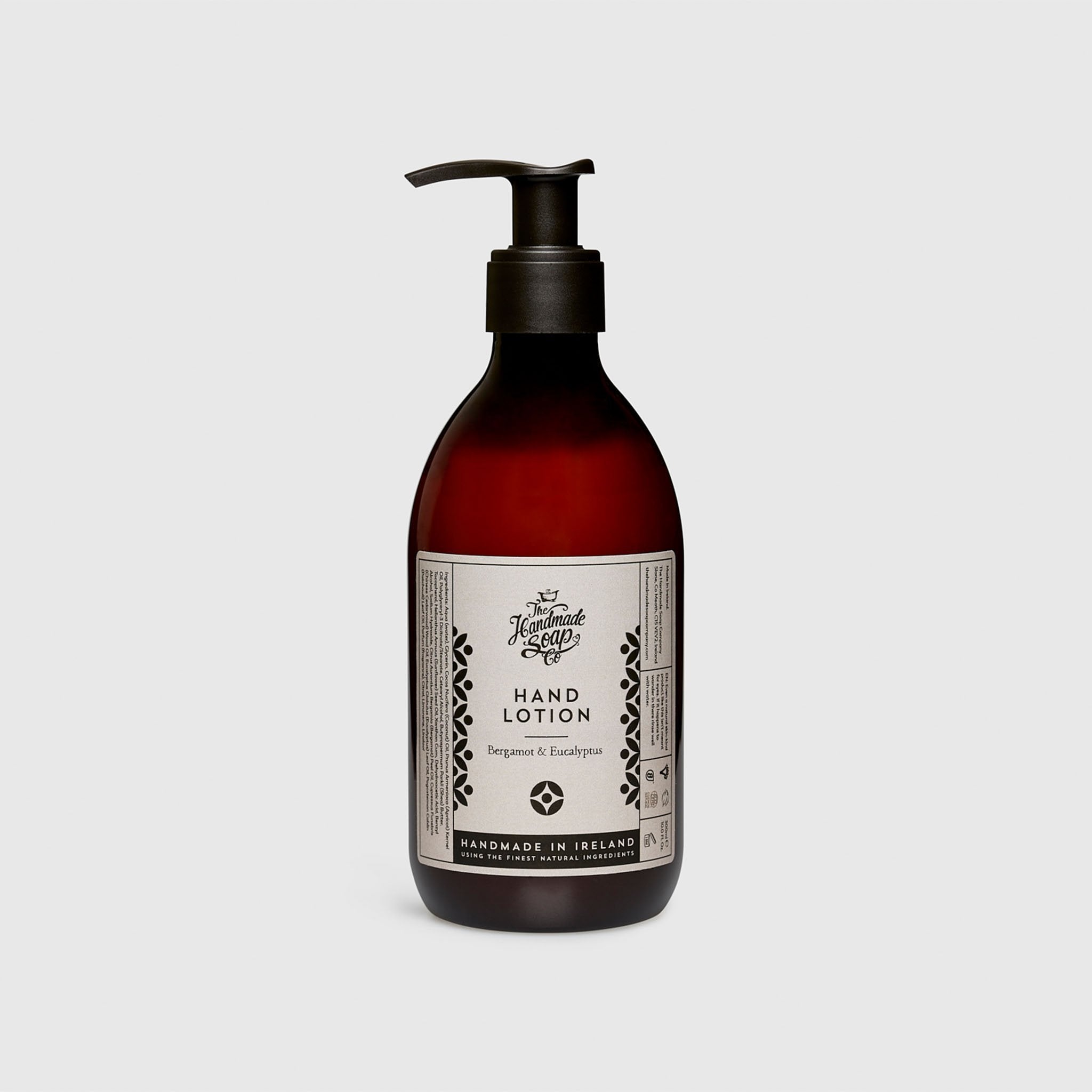 Handmade, Natural, Vegan and Cruelty Free Hand Lotion. Scented with essential oils from Bergamot and Eucalyptus. Bottled in 100% recycled materials & presented in a Gift Box.