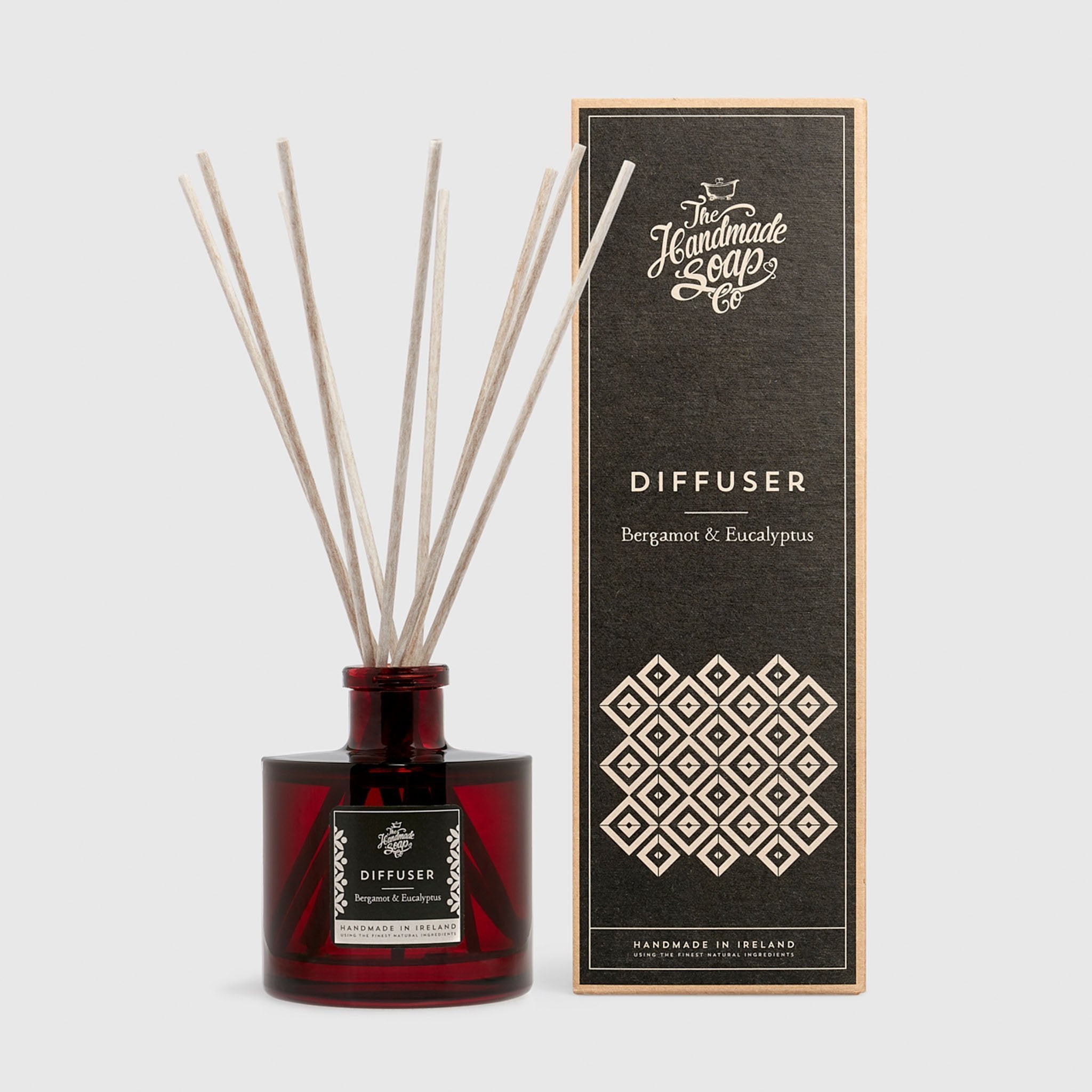Handmade, Natural, Vegan and Cruelty Free Essential Oil Reed Diffuser. Scented with extracts of Bergamot and Eucalyptus. Presented in a glass bottle and Gift Box.