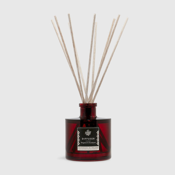 Handmade, Natural, Vegan and Cruelty Free Essential Oil Reed Diffuser. Scented with extracts of Bergamot and Eucalyptus. Presented in a glass bottle and Gift Box.